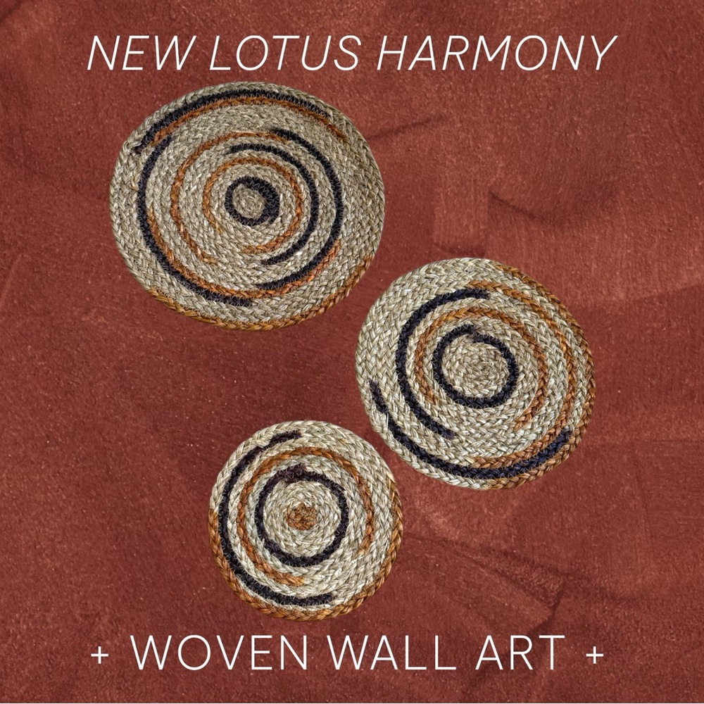 NEW Lotus Harmony Seagrass Woven Wall Art Disks- Set of 3, Bag, Hanging Hardware